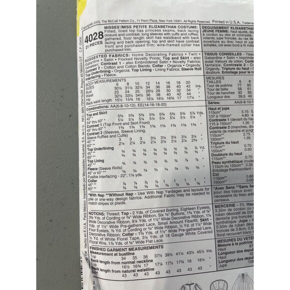 McCalls 4028 Elizabethan Costume Sewing Pattern EE Sizes 14-20 Historical UNCUT - Picture 4 of 6